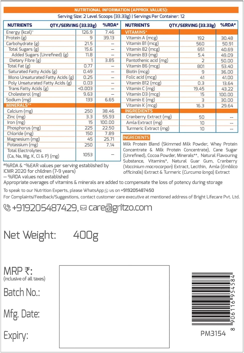 SuperMilk Kids Protein Powder for Growth & Health, Girls 8-12y, High Protein & Calcium Drink, Natural Double Chocolate Flavor, 21 Nutrients - 400g