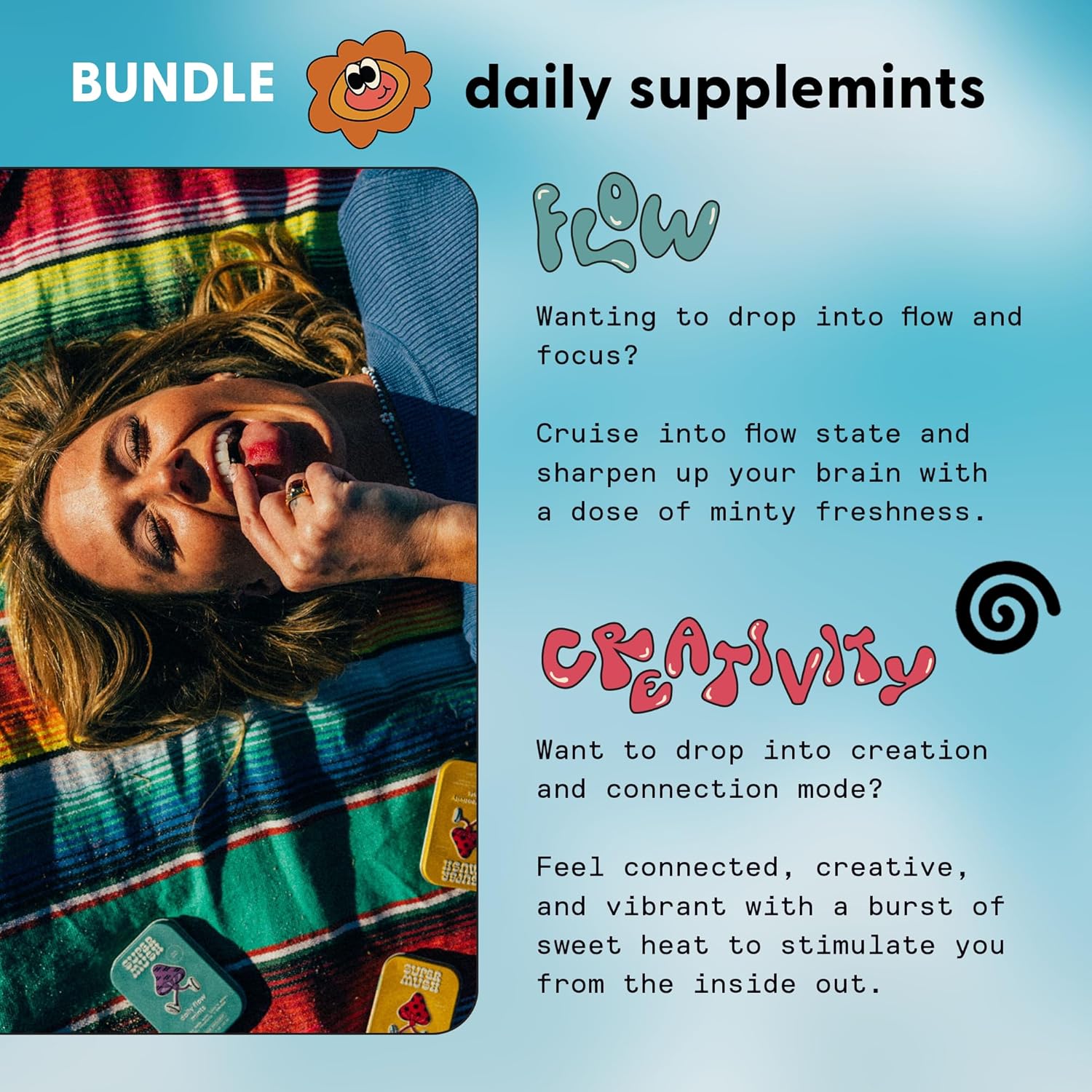 SuperMush Daily Mint Supplement with Lions Mane, Cordyceps, and Reishi - Enhance Focus, Creativity, and Connection