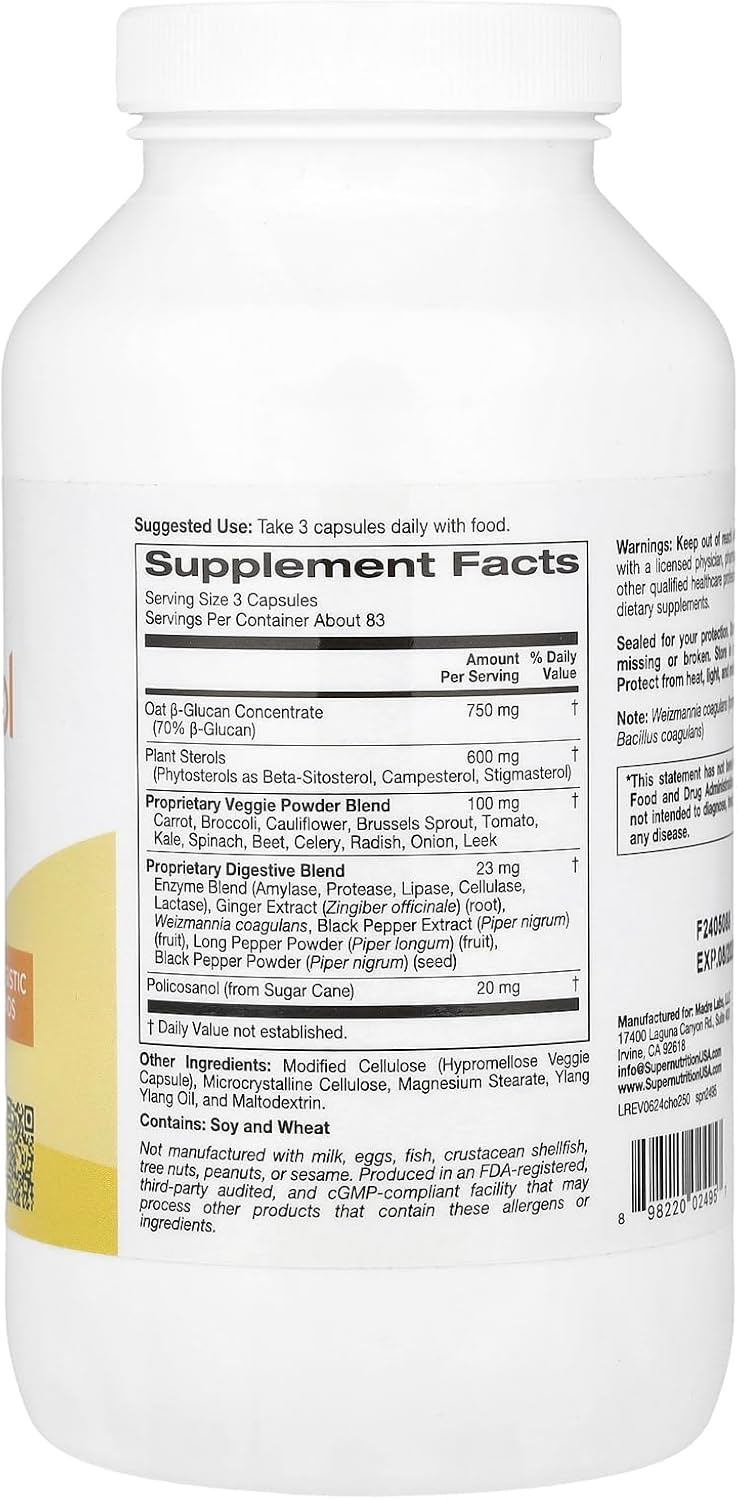 SuperNutrition Cholesterol Support Supplement - 250 Veggie Capsules for Heart Health