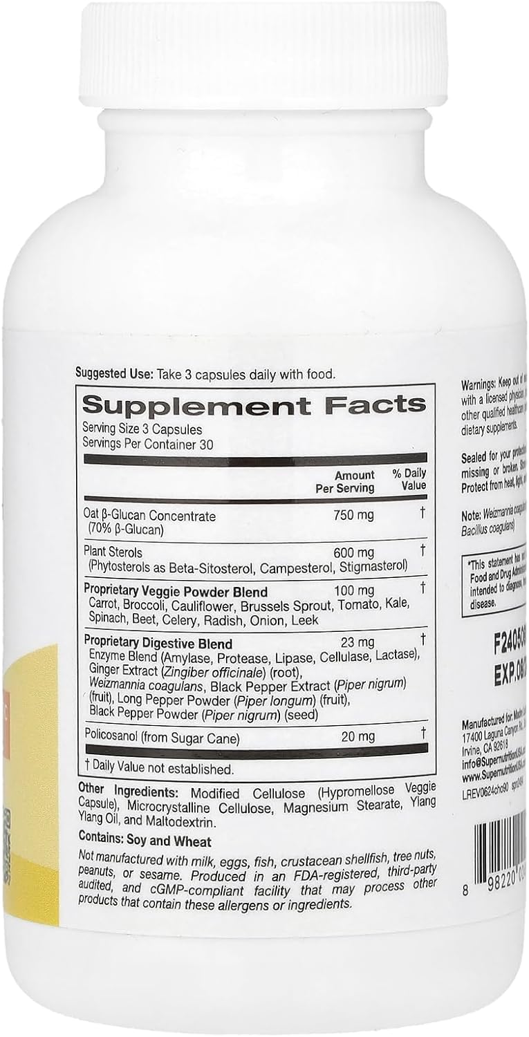 SuperNutrition Cholesterol Support Supplement - 90 Vegan Capsules for Heart Health
