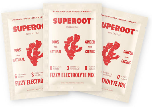 SUPEROOT® Ginger Citrus Natural Electrolytes Powder Trial Pack - Sugar & Caffeine Free Drink Mix for Clean Hydration, Energy, Detox, and Immune Boost - 3 Servings