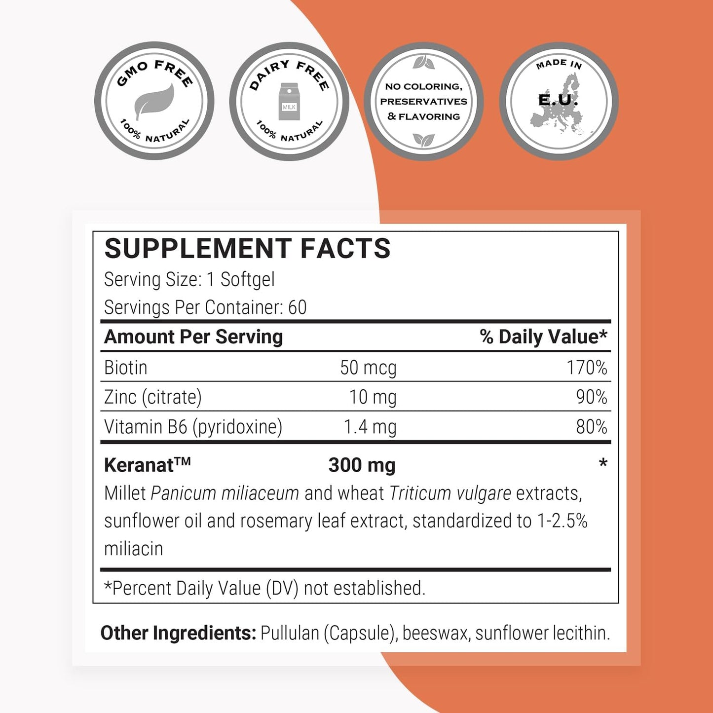 Supersmart Keranat Advanced Formula Hair Supplement with Biotin for Volume and Growth - Non-GMO, Gluten Free - 60 Softgels
