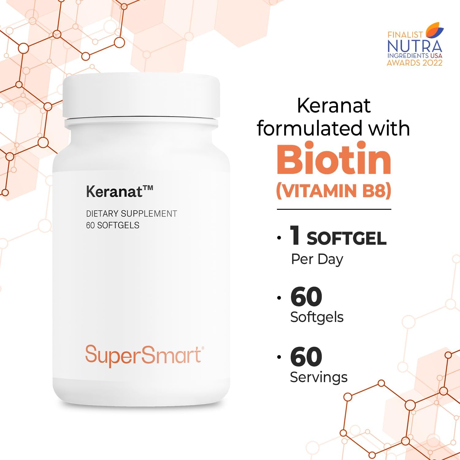 Supersmart Keranat Advanced Formula Hair Supplement with Biotin for Volume and Growth - Non-GMO, Gluten Free - 60 Softgels