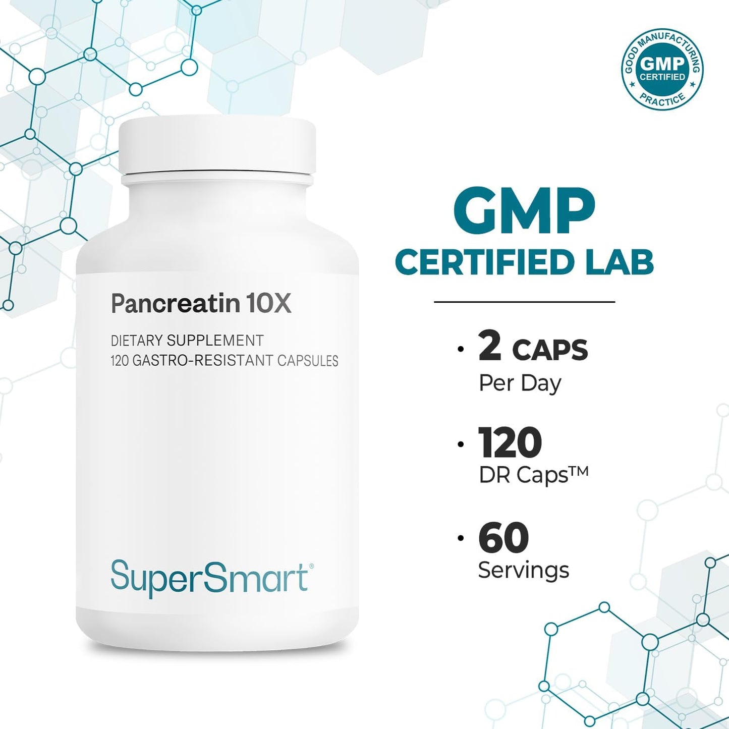 Supersmart Pancreatin 10X: Extra Strength Digestive Enzyme Supplement with Protease, Lipase, Amylase, and Trypsin - Non-GMO & Gluten Free - 120 DR Capsules