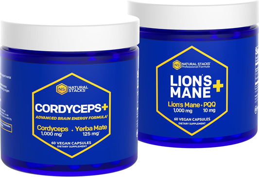 Support Brain Energy & Memory with Natural Stacks Cordyceps & Lions Mane Mushroom Bundle - 120 Capsules