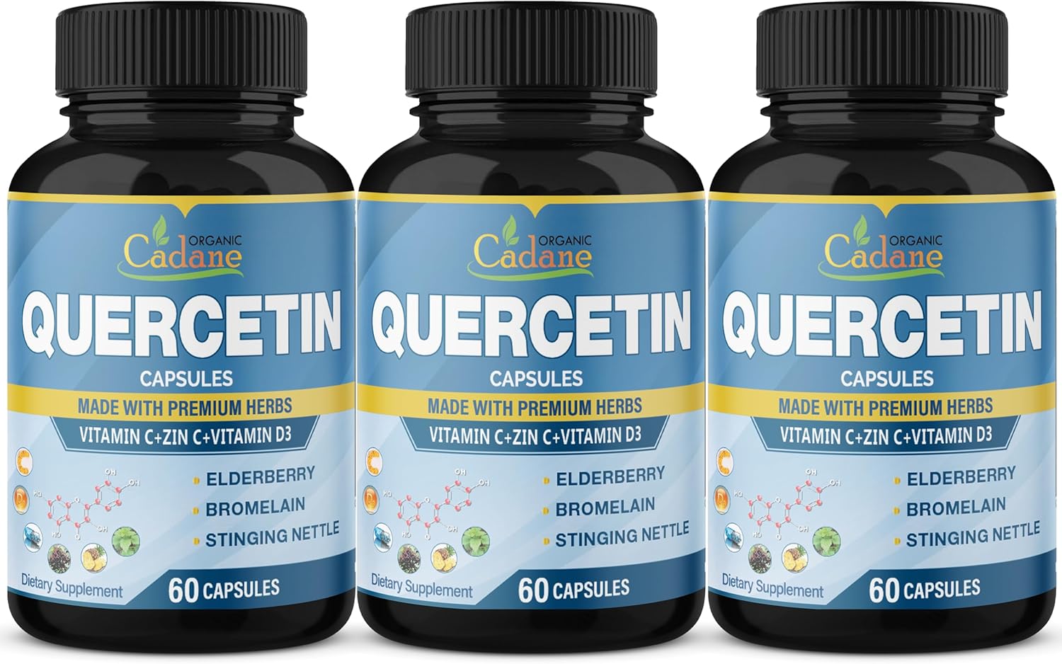 Support Immune System with Organic Cadane Quercetin Extract Capsules - 3 Packs, 60 Capsules Each - Enhanced with Elderberry, Bromelain, Ginger, Echinacea - 3 Month Supply