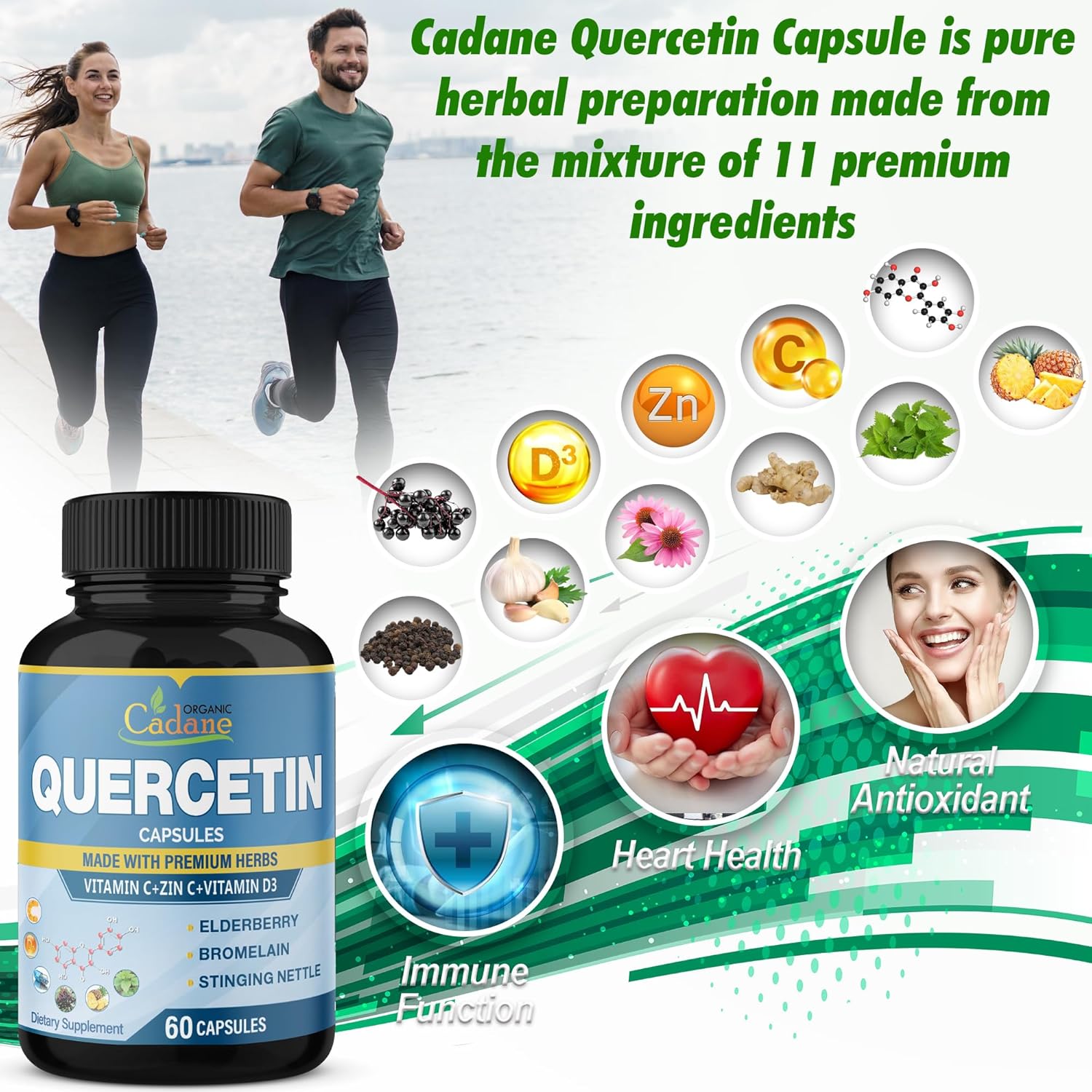 Support Immune System with Organic Cadane Quercetin Extract Capsules - 3 Packs, 60 Capsules Each - Enhanced with Elderberry, Bromelain, Ginger, Echinacea - 3 Month Supply