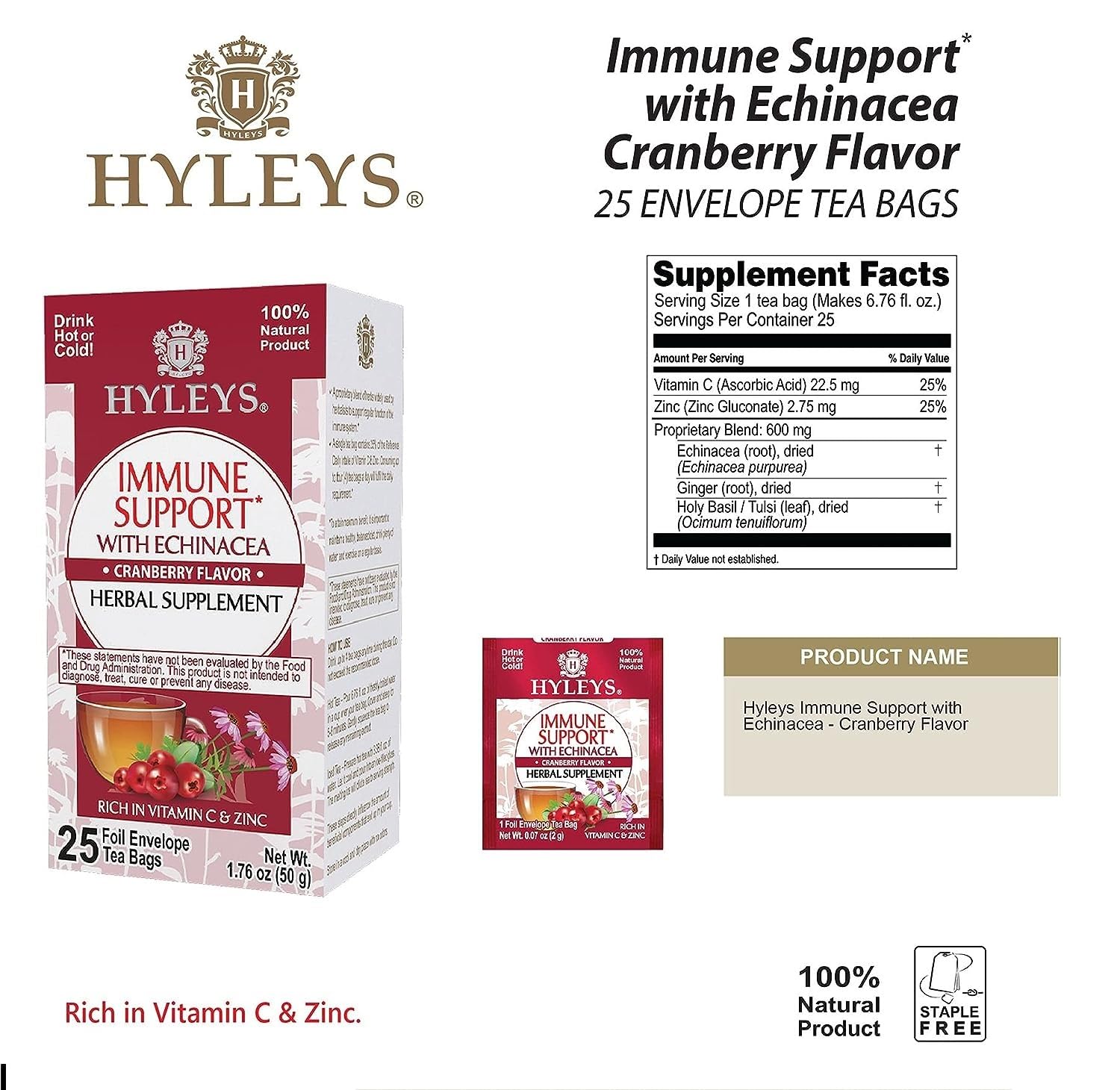 Support Your Immune System with HYLEYS Echinacea Cranberry Immunity Tea - 25 Tea Bags (1 Pack)