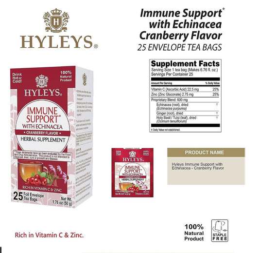 Support Your Immune System with HYLEYS Echinacea Cranberry Immunity Tea - 25 Tea Bags (1 Pack)