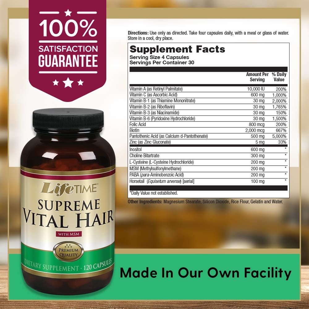 Supreme Vital Hair Supplement with Biotin, MSM, Vitamins, Zinc & More | Promotes Healthy Hair, Nails, & Skin | 120 Capsules