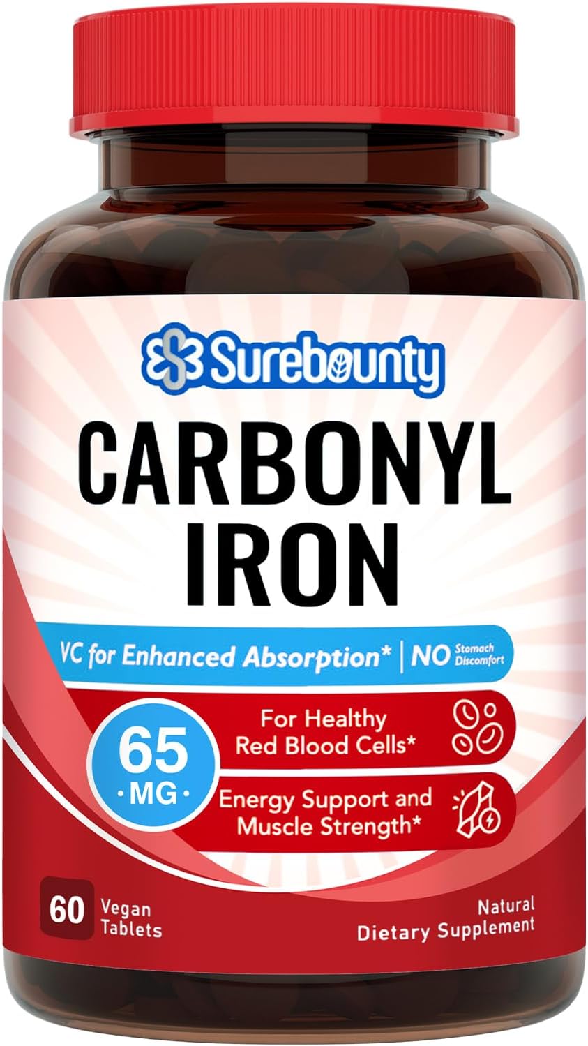 Surebounty Vegan Iron Supplement with Natural Vitamin C - Gentle on Stomach, High Absorption - 65mg for Red Blood Cell Function, Energy & Muscle Health - 60 Tabs, Once Daily