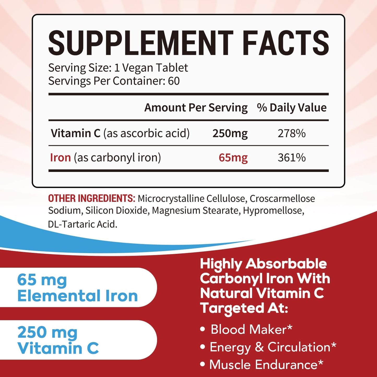 Surebounty Vegan Iron Supplement with Natural Vitamin C - Gentle on Stomach, High Absorption - 65mg for Red Blood Cell Function, Energy & Muscle Health - 60 Tabs, Once Daily