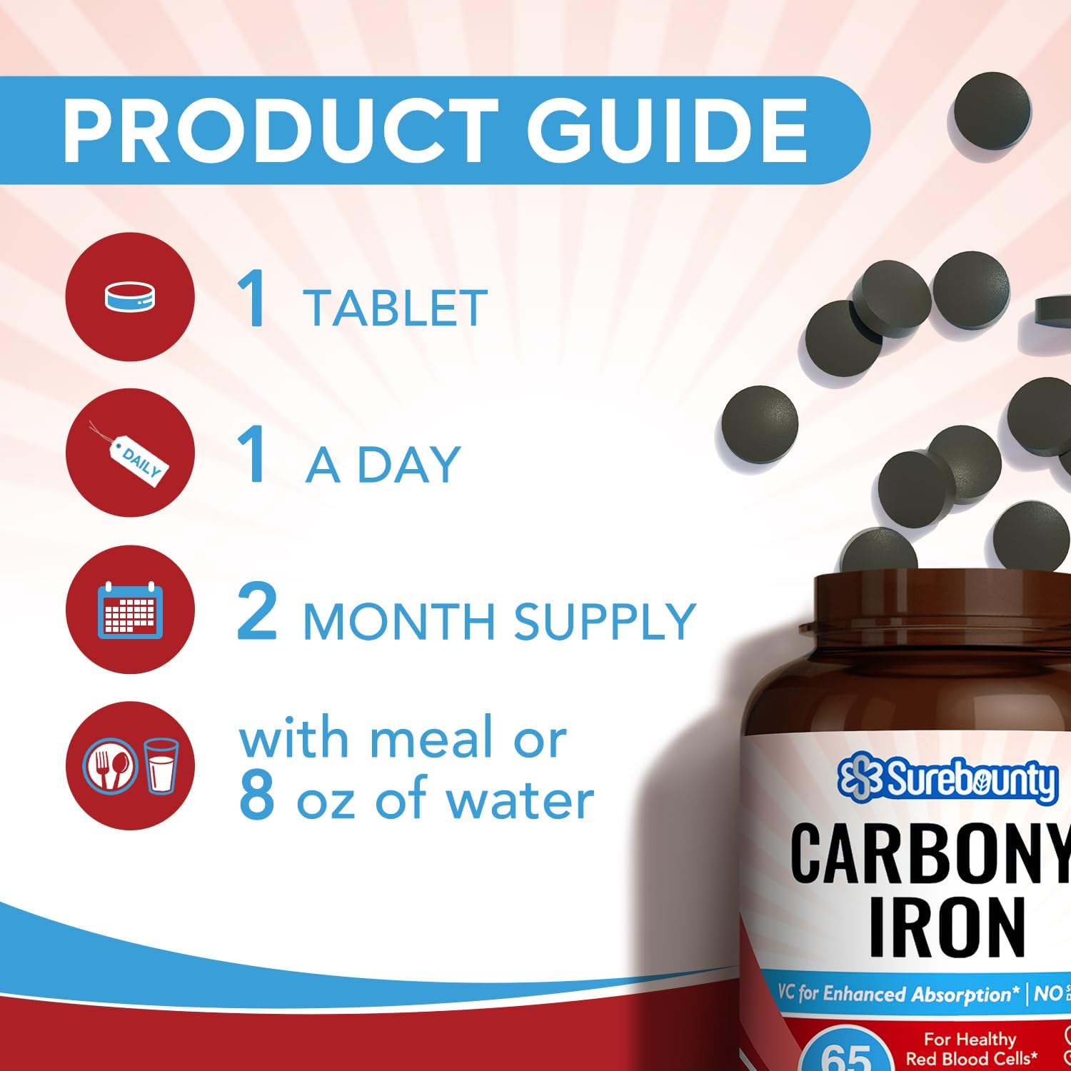 Surebounty Vegan Iron Supplement with Natural Vitamin C - Gentle on Stomach, High Absorption - 65mg for Red Blood Cell Function, Energy & Muscle Health - 60 Tabs, Once Daily