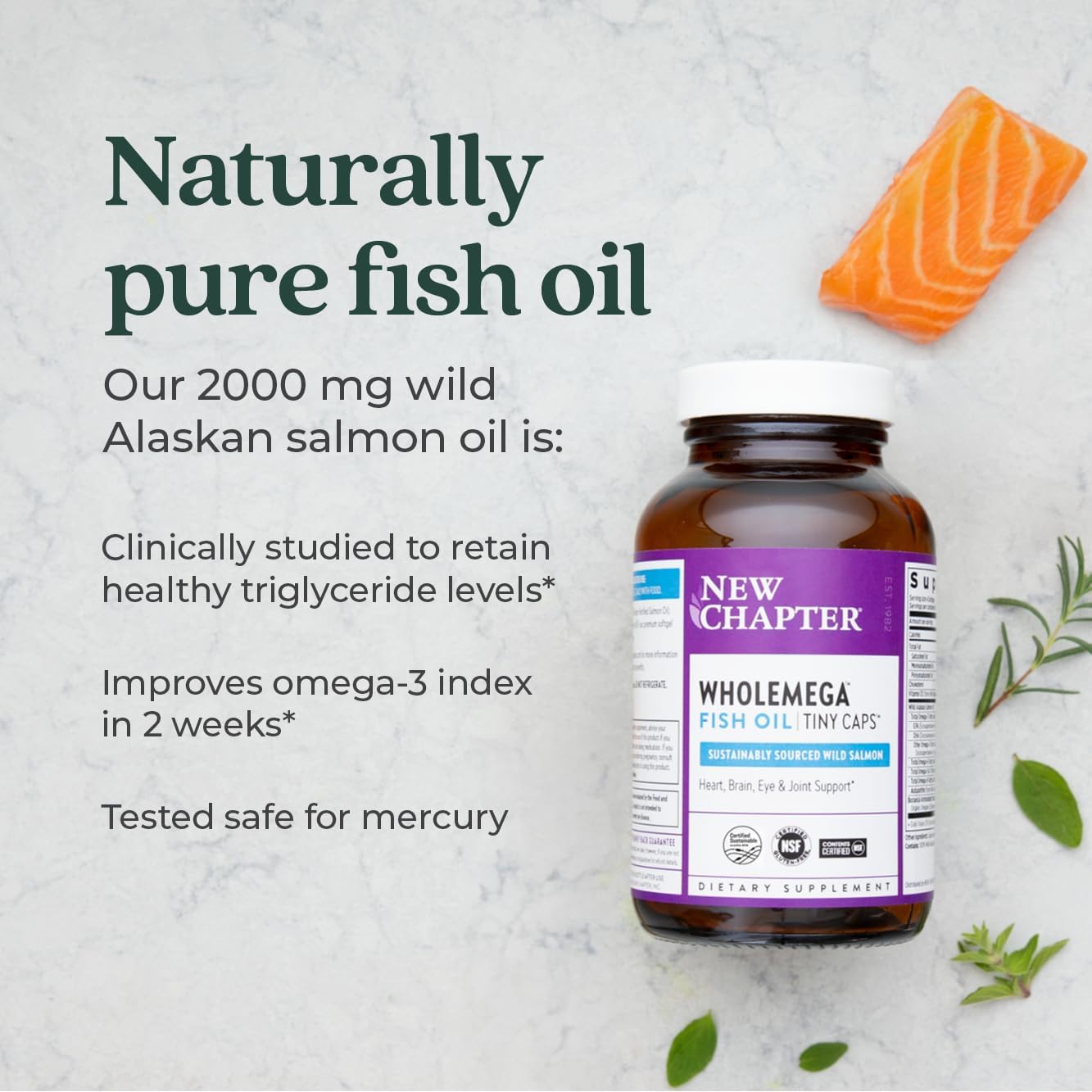 Sustainably Caught Wild Alaskan Salmon Oil with Omega-3, Vitamin D3, and Astaxanthin - 180 ct 500mg Softgels by New Chapter Wholemega
