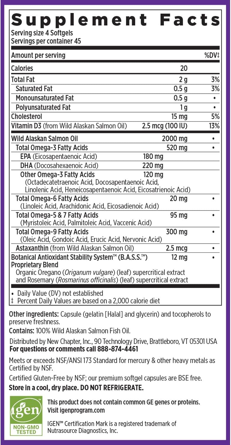 Sustainably Caught Wild Alaskan Salmon Oil with Omega-3, Vitamin D3, and Astaxanthin - 180 ct 500mg Softgels by New Chapter Wholemega