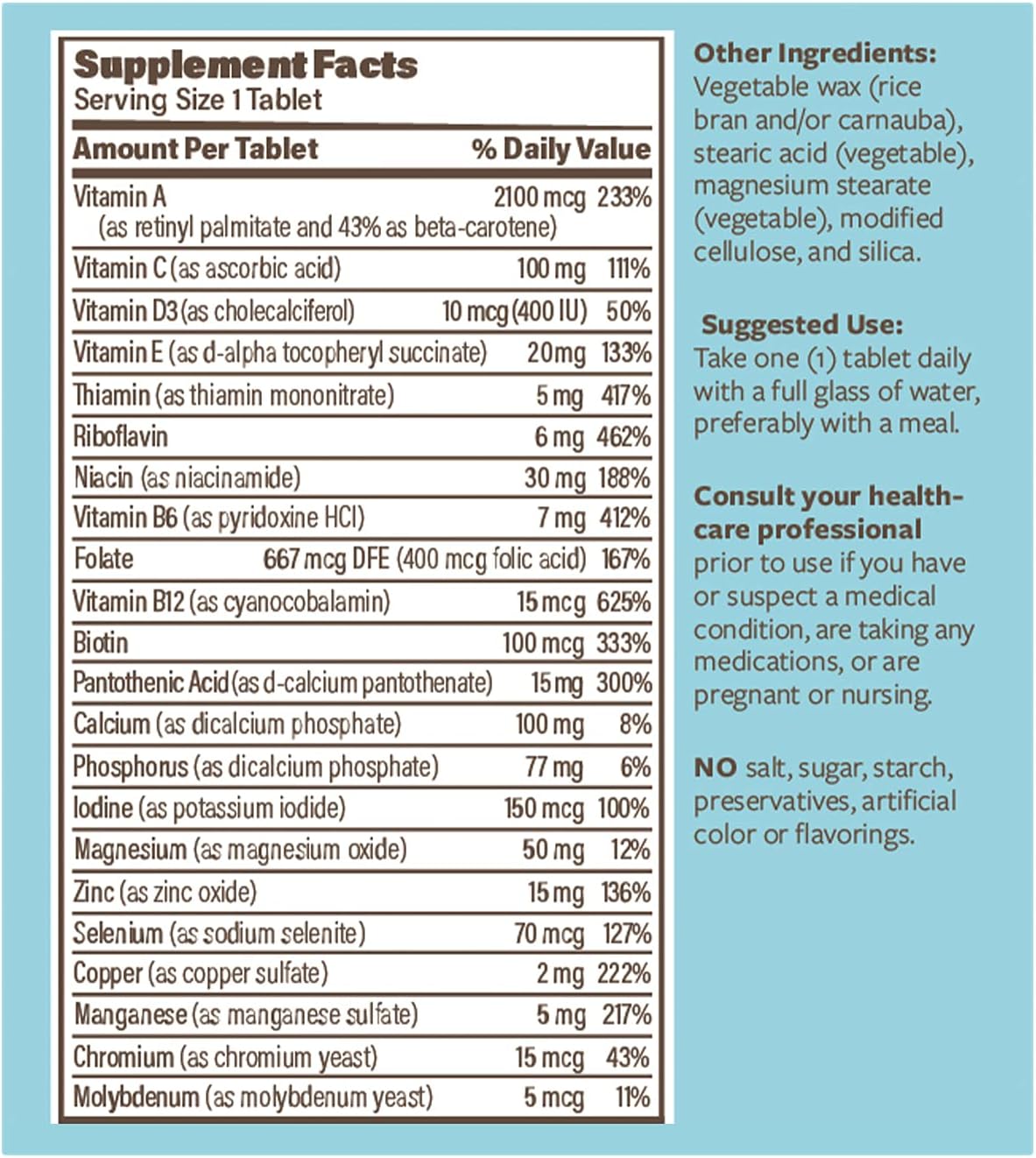 Sustained-Release Daily Multi-Vitamin without Iron - 60 Tablets with Essential Vitamins and Minerals for Immune Health and Overall Wellness