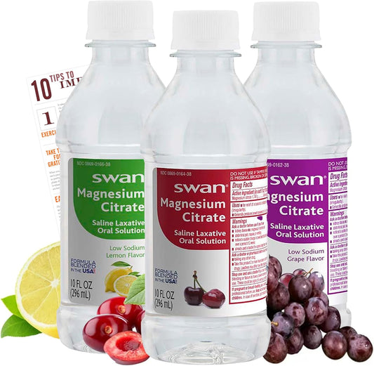 Swan Magnesium Citrate Oral Solution Set - Lemon, Cherry, Grape Flavors - Gentle Laxative Liquid for Digestive Health - 10 Oz Each - Includes Regularity Tip Card