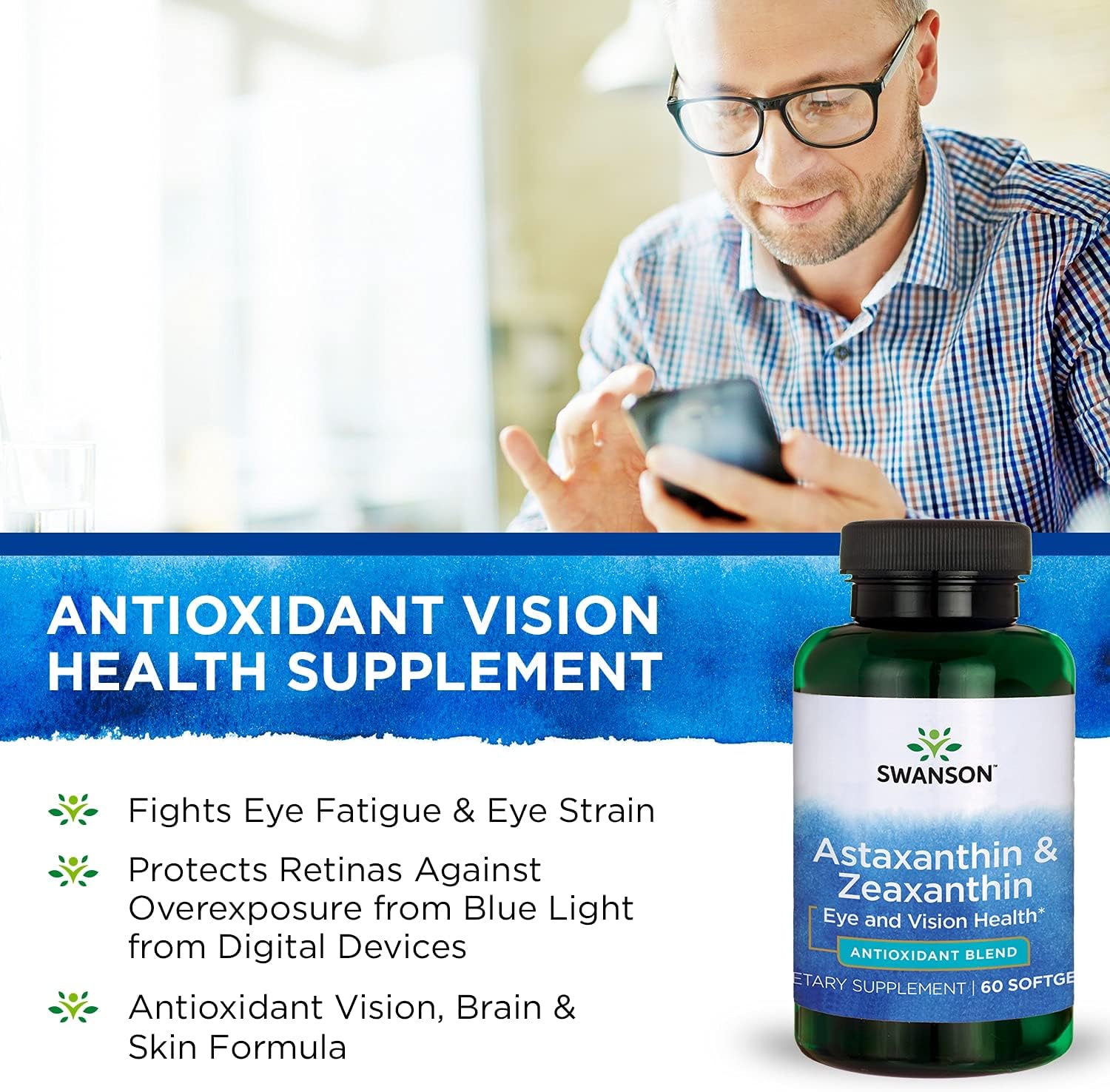 Swanson Astaxanthin & Zeaxanthin Supplement for Eye, Vision, Brain, and Skin Health - Antioxidant Support - 4mg Each - 2 Pack of 60 Softgels