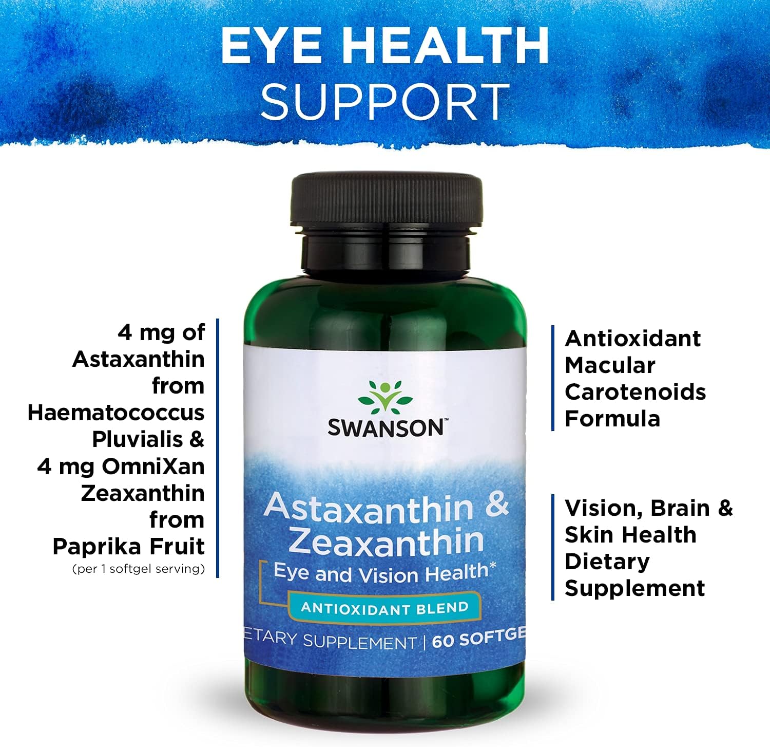 Swanson Astaxanthin & Zeaxanthin Supplement for Eye, Vision, Brain, and Skin Health - Antioxidant Support - 4mg Each - 2 Pack of 60 Softgels