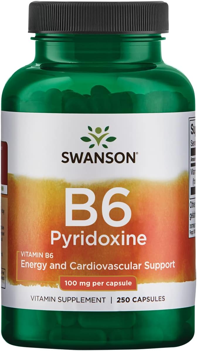 Swanson B6 Pyridoxine Capsules - Natural Vitamin Supplement for Cardiovascular Health & Energy Metabolism - Promotes Overall Wellness - 250 Capsules, 100mg