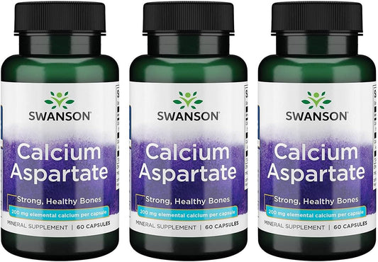 Swanson Calcium Aspartate Capsules - Natural Herbal Supplement for Bone, Heart, & Muscle Health - 60 Capsules x 200mg - Pack of 3