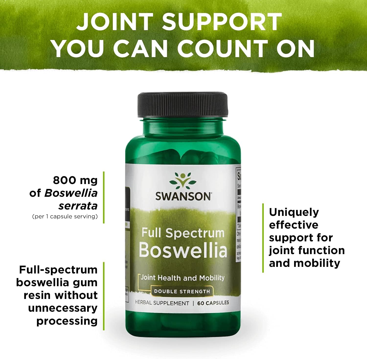 Swanson Double Strength Boswellia Supplement for Joint Support - Ayurvedic Herb for Flexibility & Mobility - 2 Pack of 60 Capsules, 800mg Each