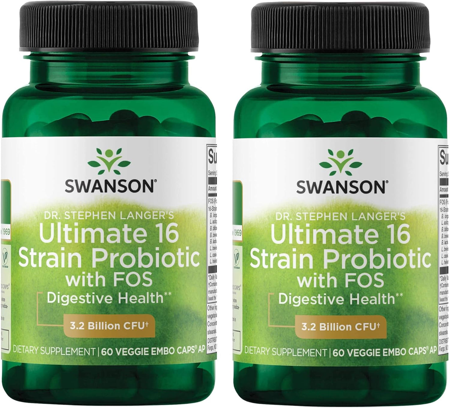 Swanson Dr. Stephen Langer's Formula Natural Probiotic with Prebiotic FOS 16-Strain Supplement 3.2 Billion CFU - 60 Veggie Capsules x 2 Pack