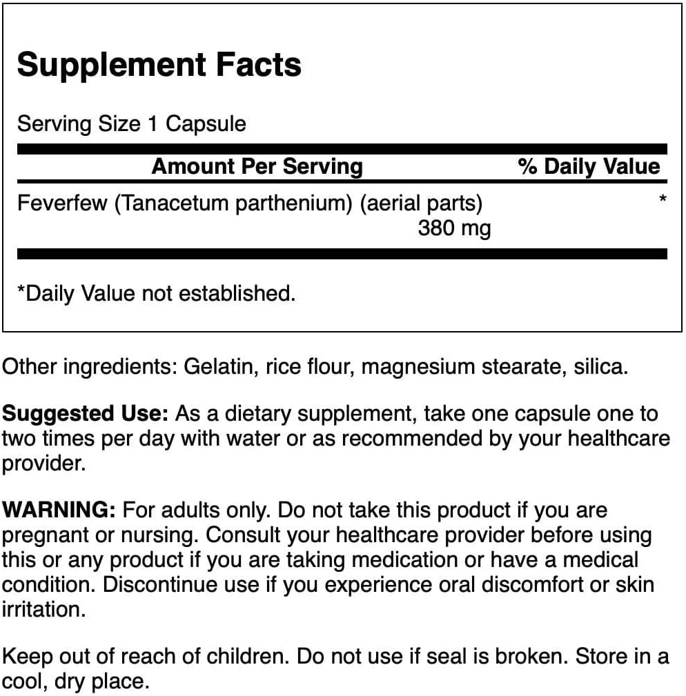 Swanson Feverfew Capsules - 380mg, 100 Count Bottle - Natural Herbal Supplement for Headache Relief