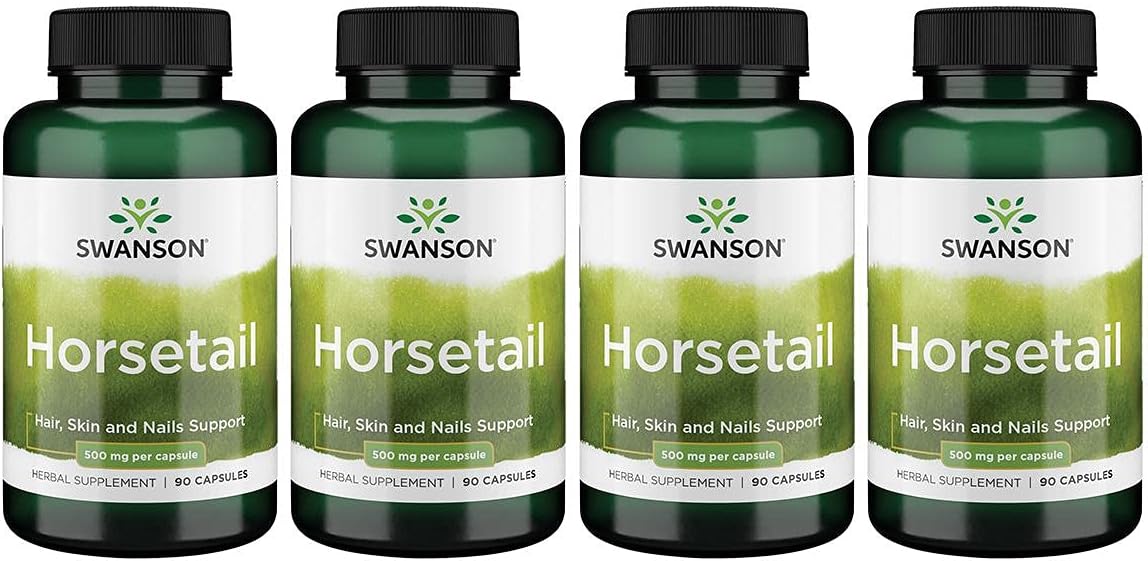 Swanson Horsetail Capsules - Herbal Supplement for Hair, Skin, Nails, Bone Health & Urinary Support - 90 Capsules x 500mg - Pack of 4