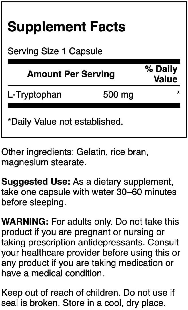 Swanson L-Tryptophan Amino Acid Supplement 500mg - 60 Capsules