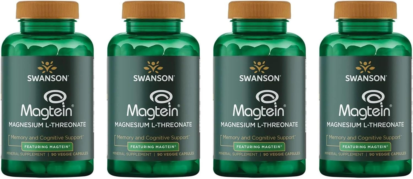 Swanson Magnesium L-Threonate Capsules - Supports Nervous System & Cognitive Health - 90 Capsules (4 Pack)