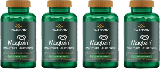 Swanson Magnesium L-Threonate Capsules - Supports Nervous System & Cognitive Health - 90 Capsules (4 Pack)