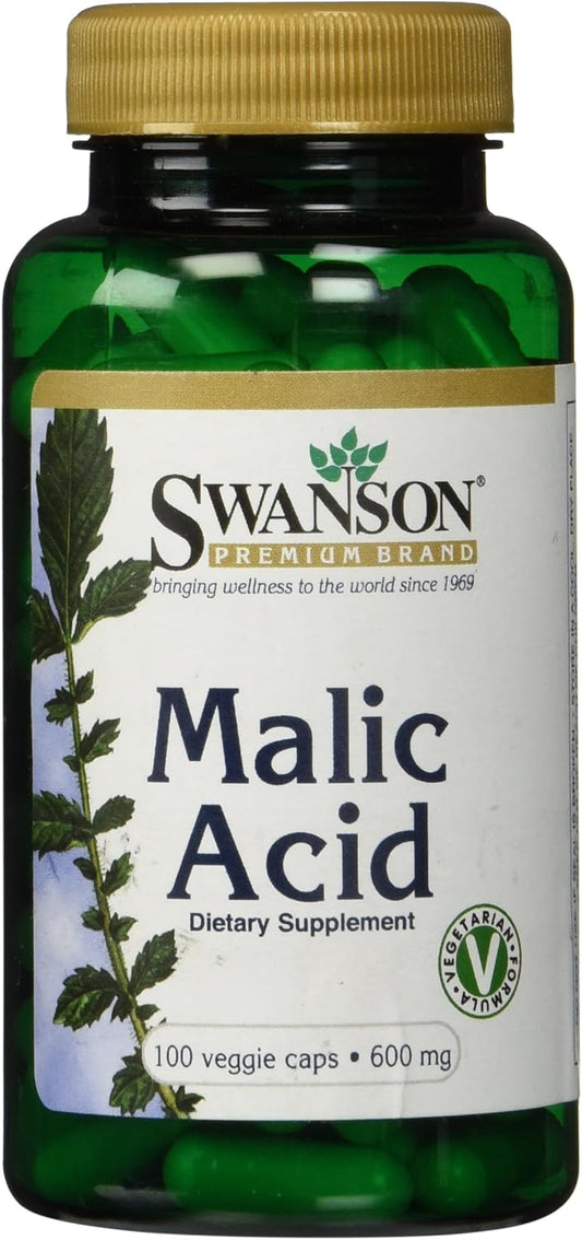 Swanson Malic Acid Capsules - Promotes Cellular Energy Production - Supports Muscle Nourishment and Energy - 100 Veggie Capsules, 600mg