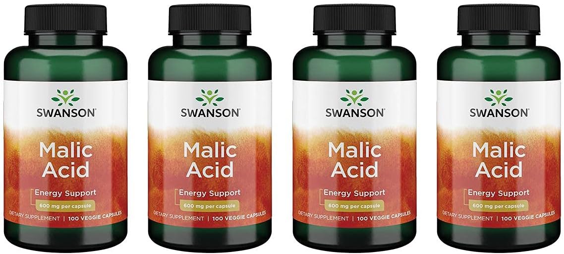Swanson Malic Acid Supplement for Cellular Energy Production - Supports Muscle Nourishment & Energy - 100 Veggie Capsules, 600mg - Pack of 4
