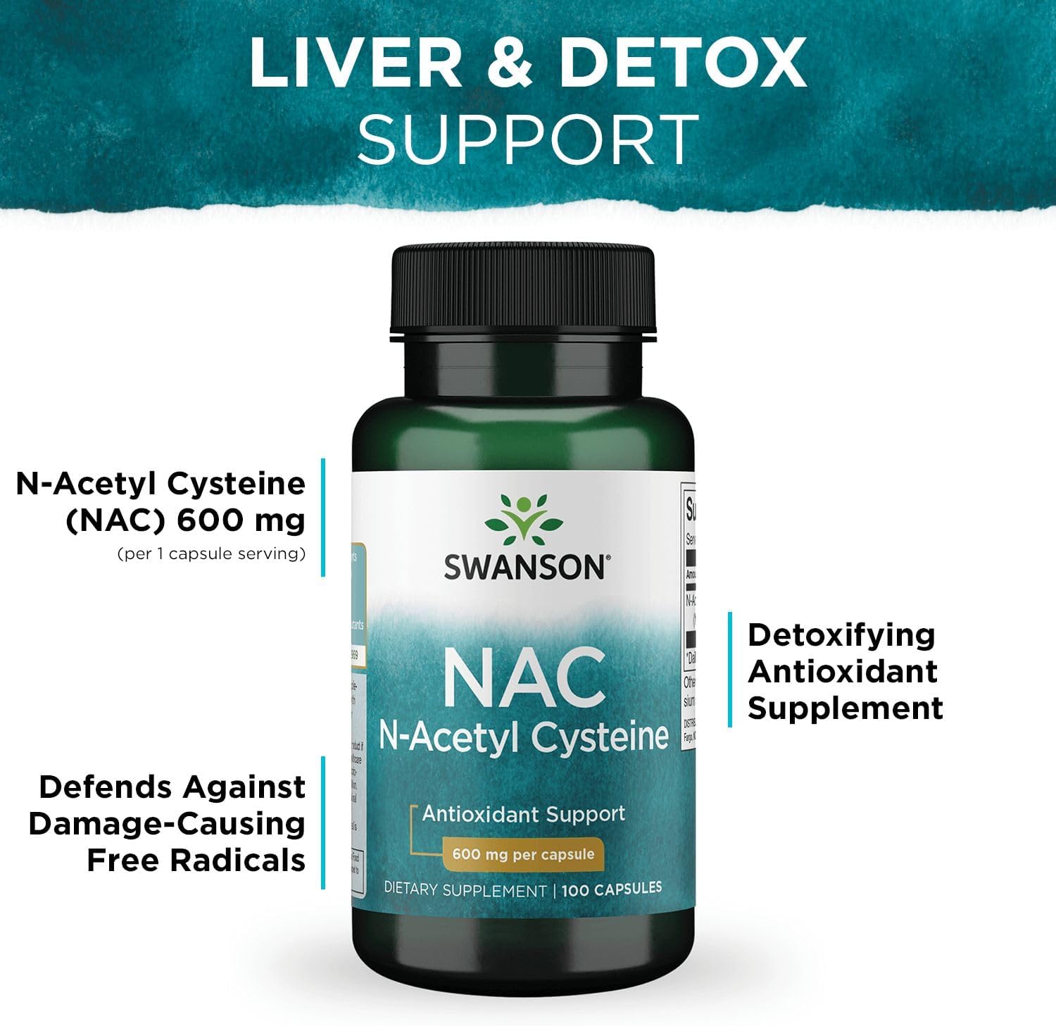 Swanson NAC N-Acetyl Cysteine Capsules - 600 mg, 100 Count (Pack of 2) - Antioxidant & Cellular Health Support