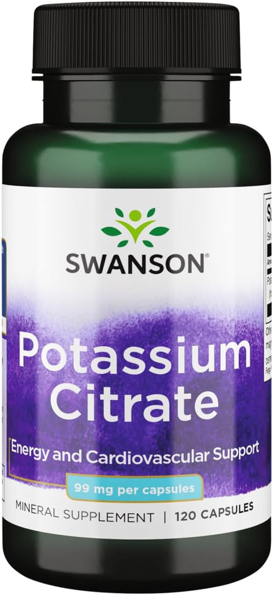 Swanson Potassium Citrate Capsules - Heart & Energy Support - Promotes Nerve & Kidney Function - Natural Mineral Supplement - 120 Capsules, 99mg