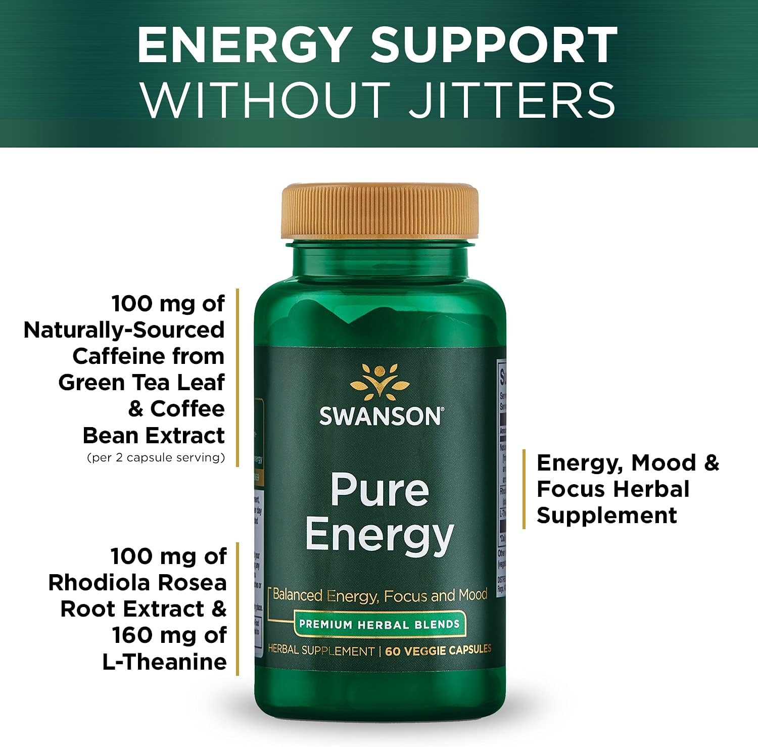 Swanson Pure Energy Herbal Supplement for Metabolism, Concentration, and Mood Support - 60 Vegan Capsules