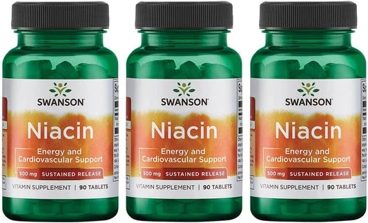 Swanson Sustained Release Niacin 500mg 90 Tablets - Pack of 3