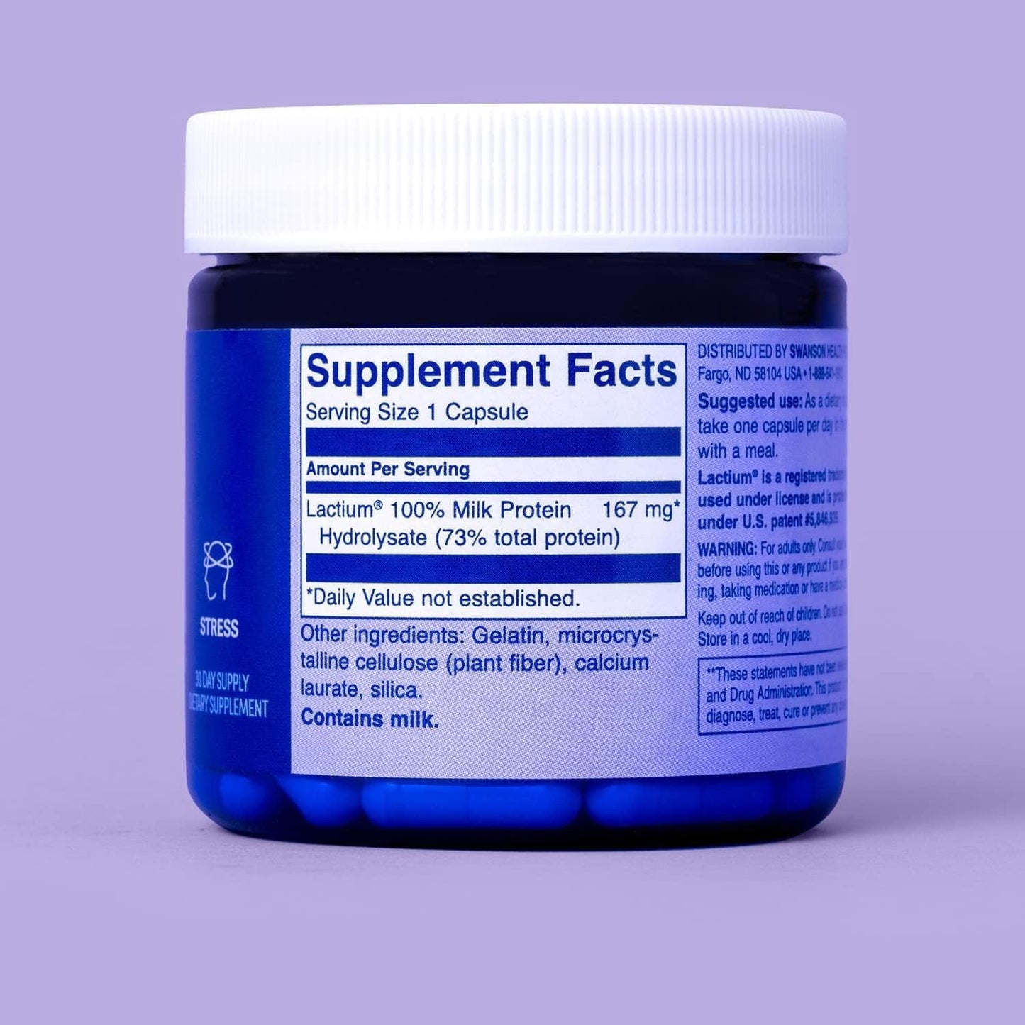 Swanson WIO Daily Dose of DE-Stress Capsules - Stress Support, Relaxation, Calmness, Better Sleep - Lactium Milk Protein Peptide, Adaptogen - 30 Count
