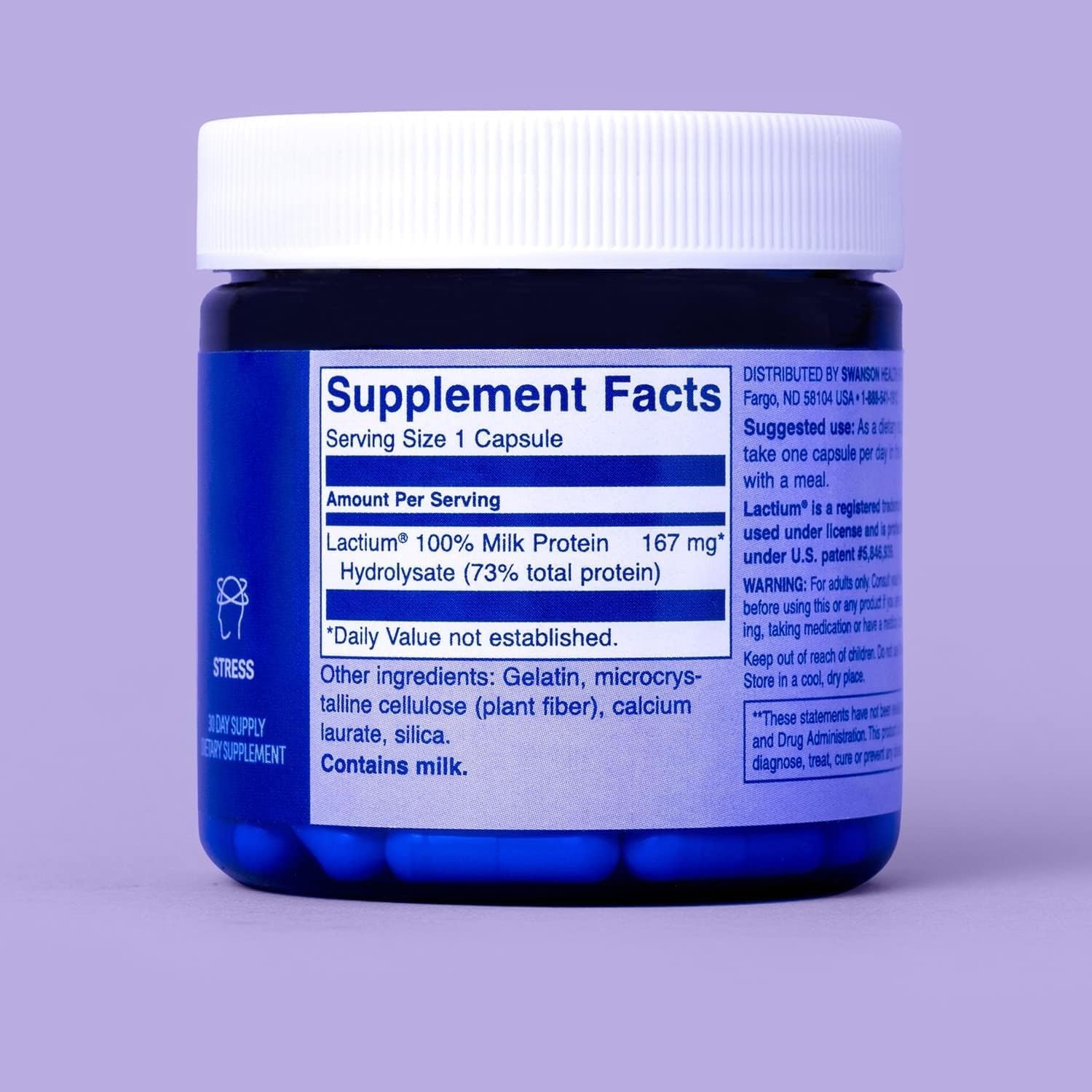 Swanson WIO Daily Dose of DE-Stress Capsules - Stress Support, Relaxation, Calmness, Better Sleep - Lactium Milk Protein Peptide, Adaptogen - 30 Count