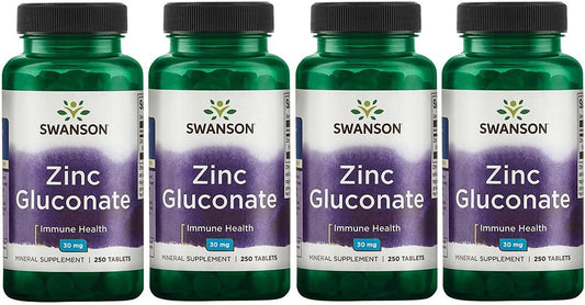 Swanson Zinc Gluconate Tablets - Mineral Supplement for Prostate, Vision, & Immune Health - Optimal Absorption - (250 Tablets x 30mg) 4 Pack