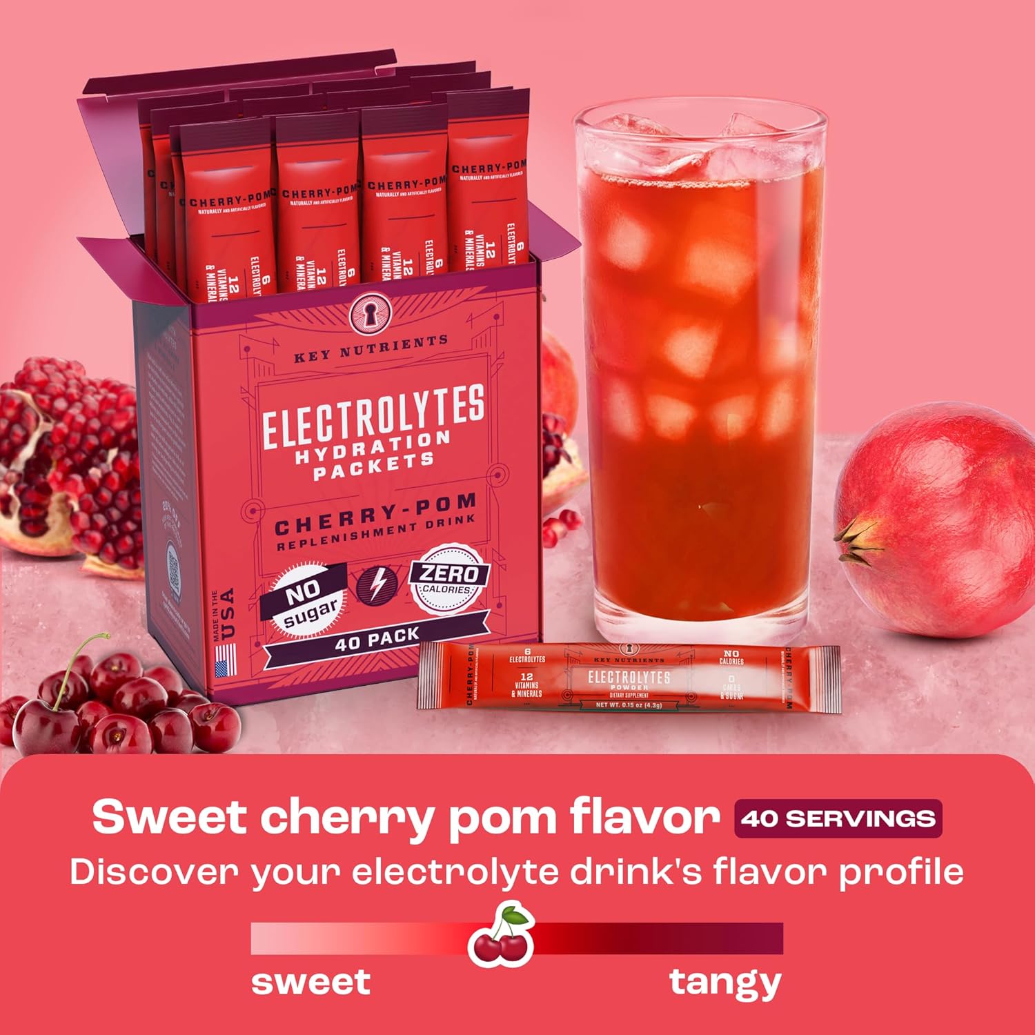 Sweet Cherry-Pom Multivitamin Electrolyte Powder - 40 Packets for Hydration on the Go - Sugar-Free, Gluten-Free - Made in USA