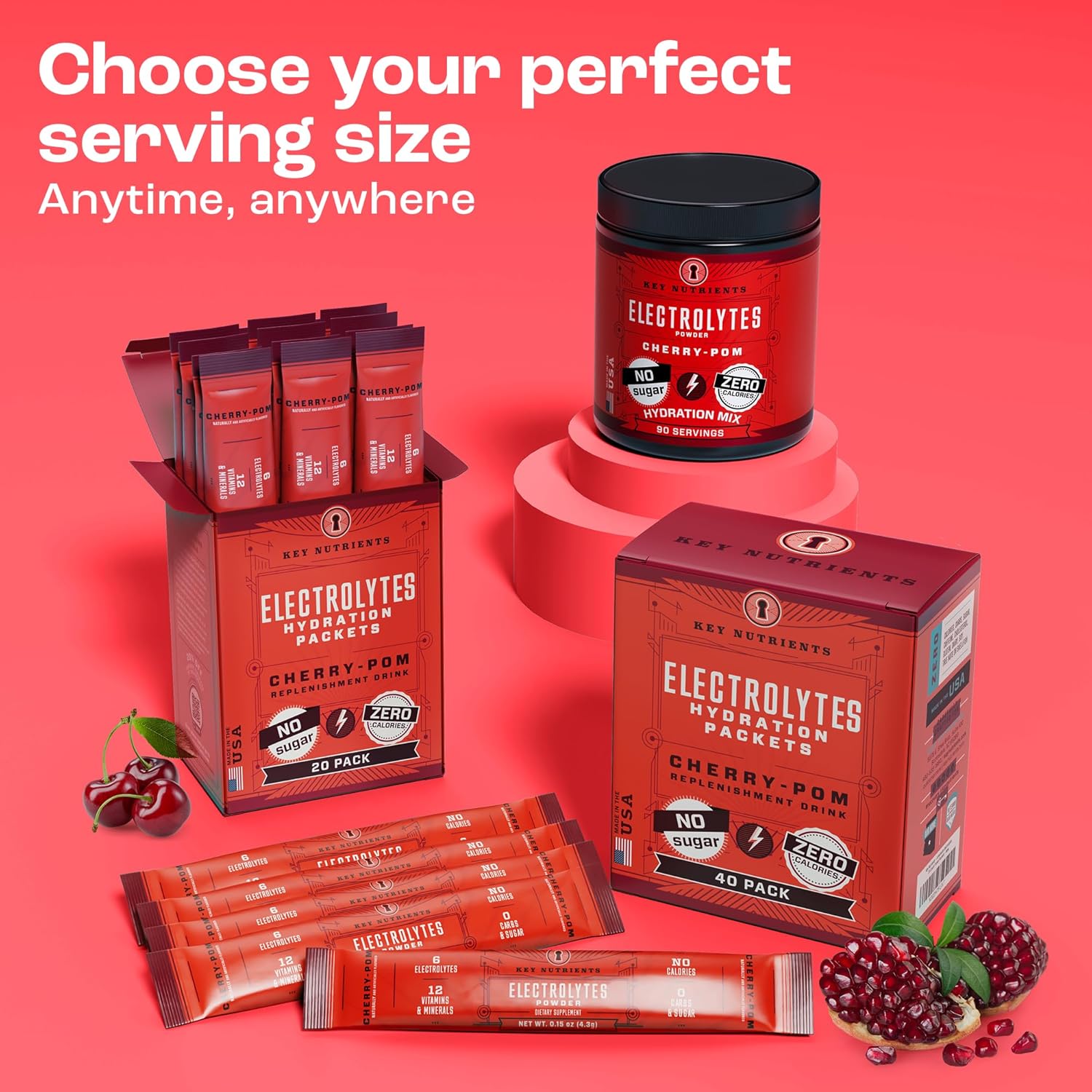 Sweet Cherry-Pom Multivitamin Electrolyte Powder - 40 Packets for Hydration on the Go - Sugar-Free, Gluten-Free - Made in USA