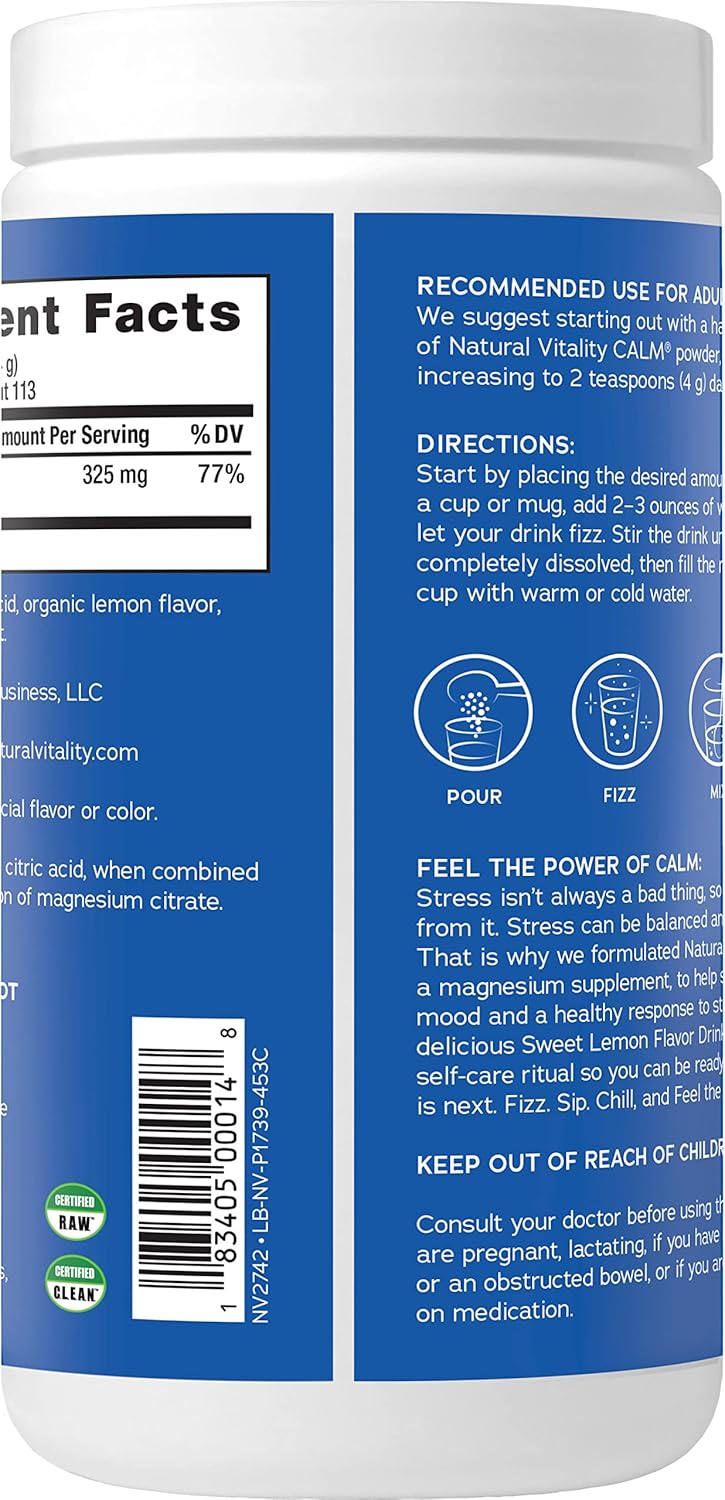 Sweet Lemon Natural Vitality Calm Magnesium Supplement Drink Mix Powder - 16 oz Vegan, Gluten Free & Non-GMO