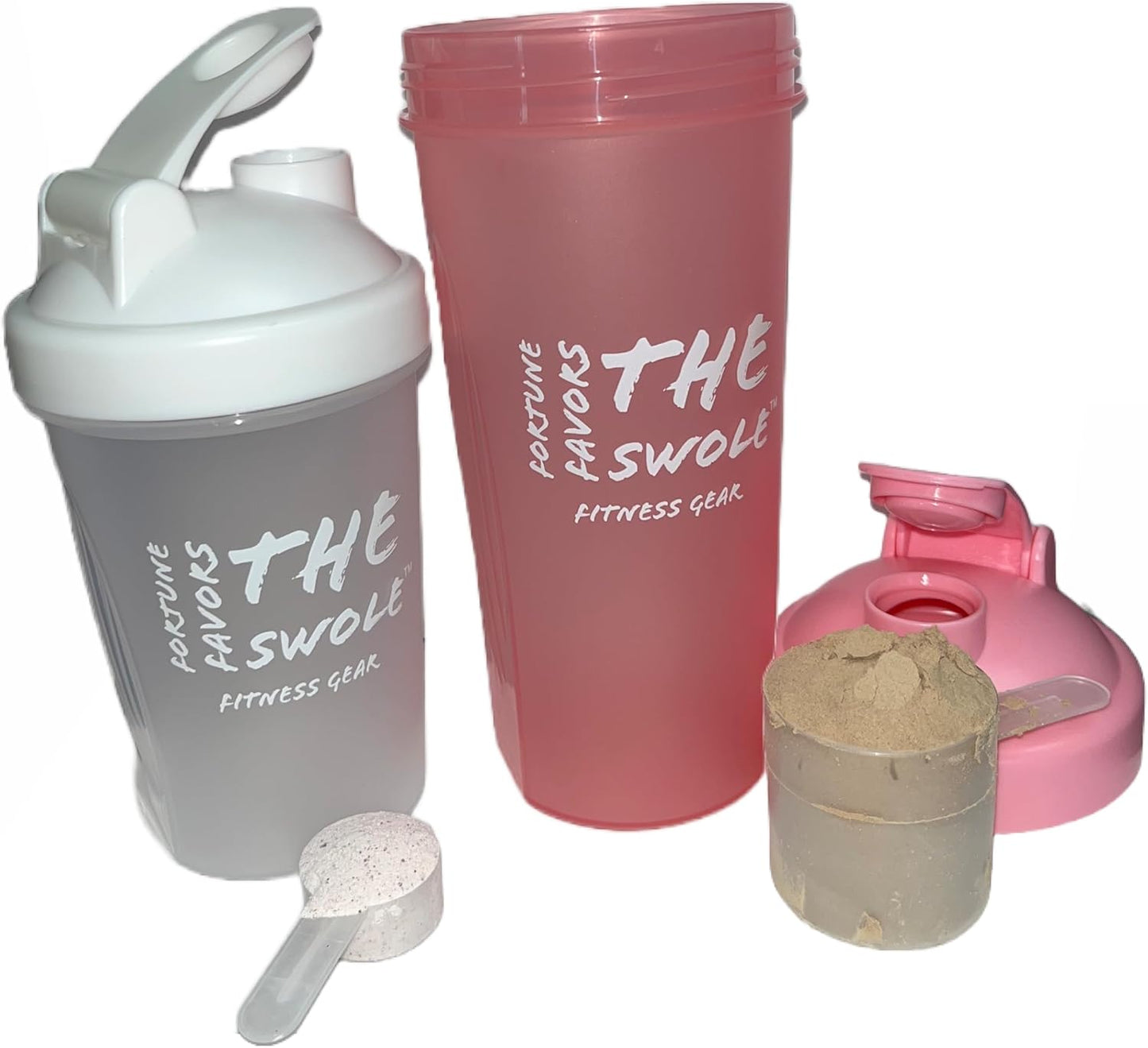 Swole Shaker Bottle Set - 24oz & 14oz Protein Shaker Bottles for Pre and Post Workout - 2 Pack in Pink and Clear