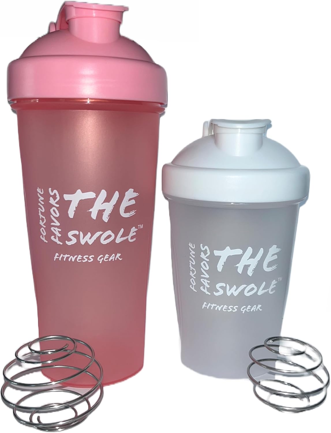 Swole Shaker Bottle Set - 24oz & 14oz Protein Shaker Bottles for Pre and Post Workout - 2 Pack in Pink and Clear
