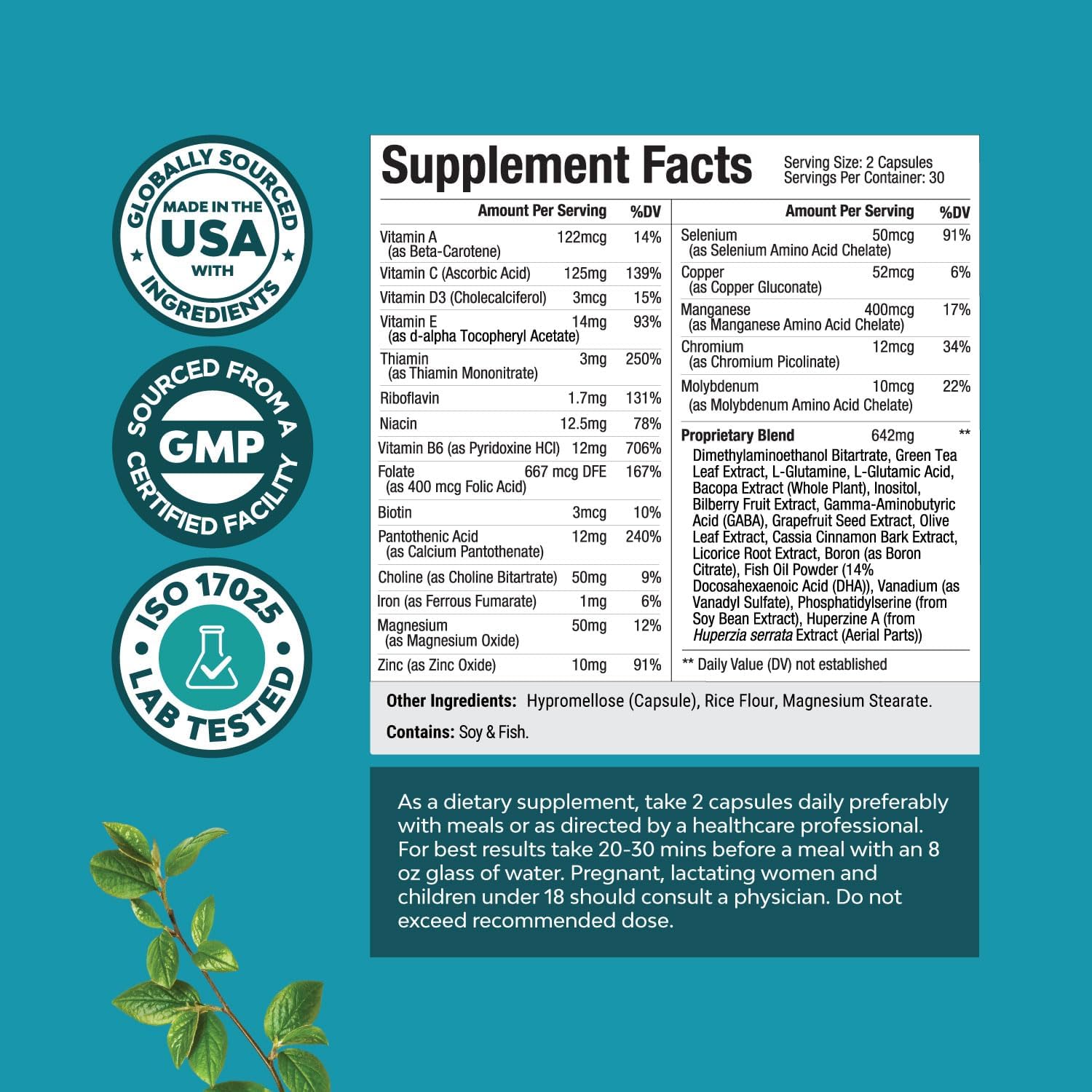 Synergetic Brain Support Supplement with Nootropics, Brain Vitamins for Cognitive Enhancement, and Memory Boost - Natural Mind and Energy Enhancer (30 Servings)