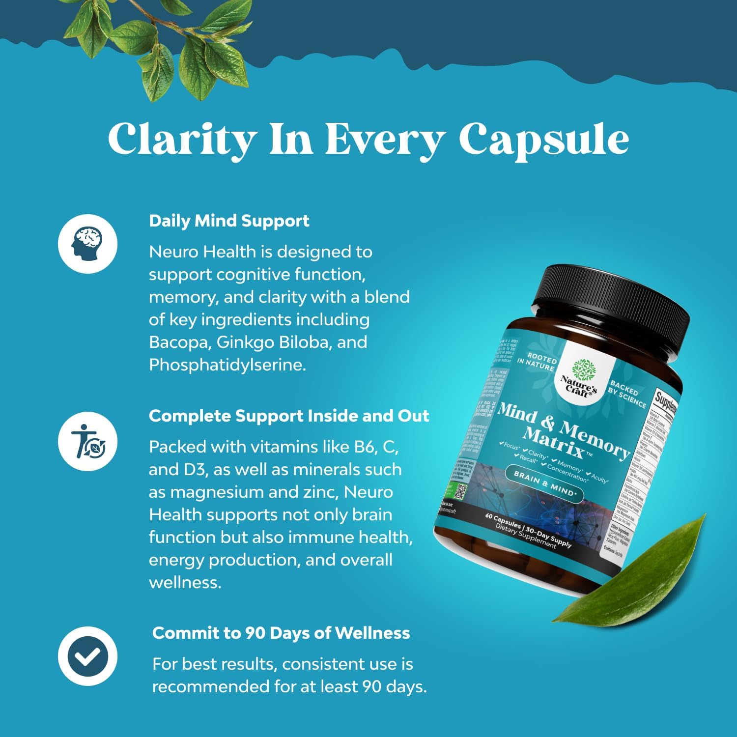 Synergetic Brain Support Supplement with Nootropics, Brain Vitamins for Cognitive Enhancement, and Memory Boost - Natural Mind and Energy Enhancer (30 Servings)