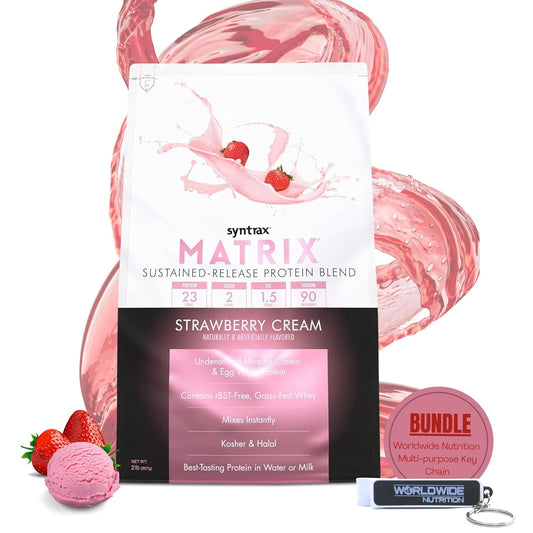 Syntrax Bundle: Matrix Protein Powder 2.0 - Strawberry Cream Flavor, 2lbs with Sustained-Release Casein and Whey Protein - Includes Worldwide Nutrition Keychain