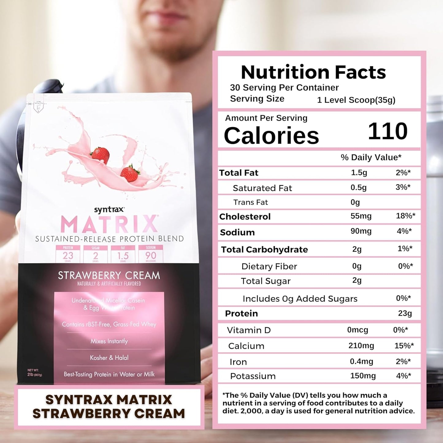 Syntrax Bundle: Matrix Protein Powder 2.0 - Strawberry Cream Flavor, 2lbs with Sustained-Release Casein and Whey Protein - Includes Worldwide Nutrition Keychain